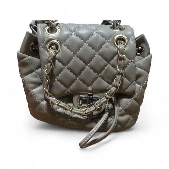 Badgley Mischka Micro Mini Quilted Backpack Vegan Leather Taupe Chain Bag NWT - Picture 1 of 12